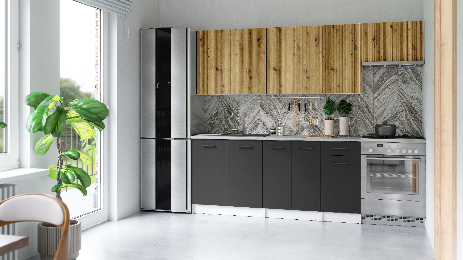 zestaw mebli kuchennych z czarnymi szafkami dolnymi